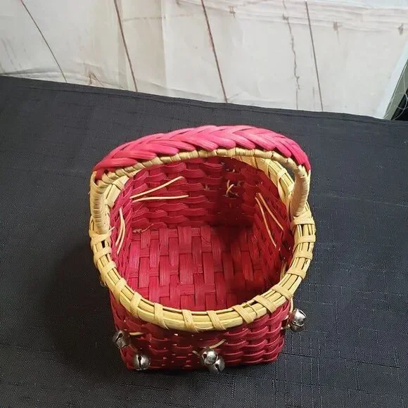 Cute Small Red Wicker Christmas Basket with Bells 5" x 8" tall Holiday Decor - Picture 6 of 11
